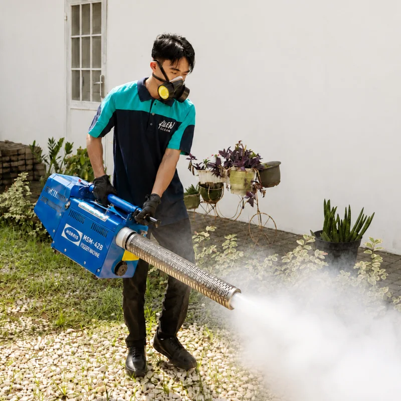 Pest Control KliknClean: helper melakukan fogging di area taman